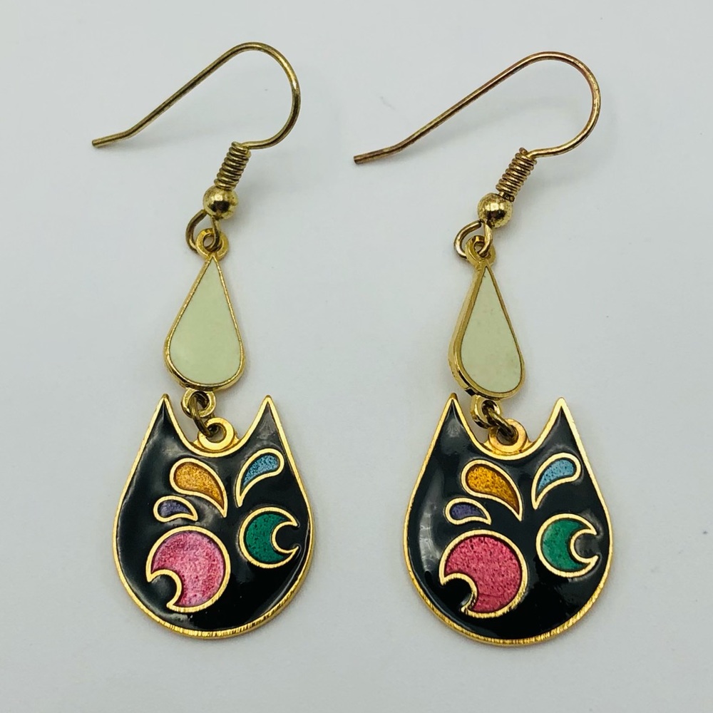 Cloisonné Cat Vintage Dangle Earings